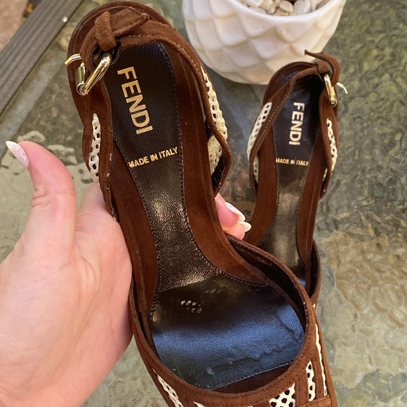 Fendi Brown Suede Peep Toe Mesh Clear Lucite Heels - Picture 7 of 16